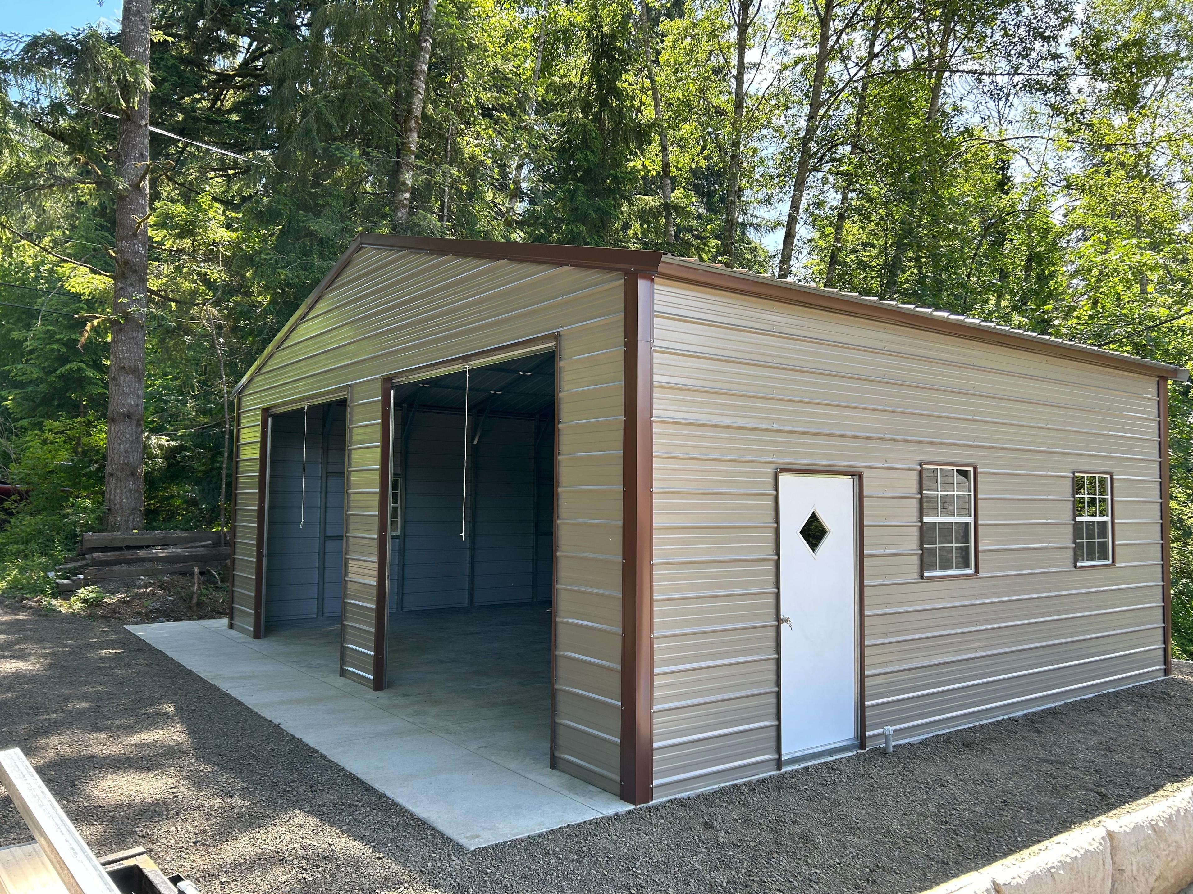 30x50 agricultural steel barn with large roll-up door
